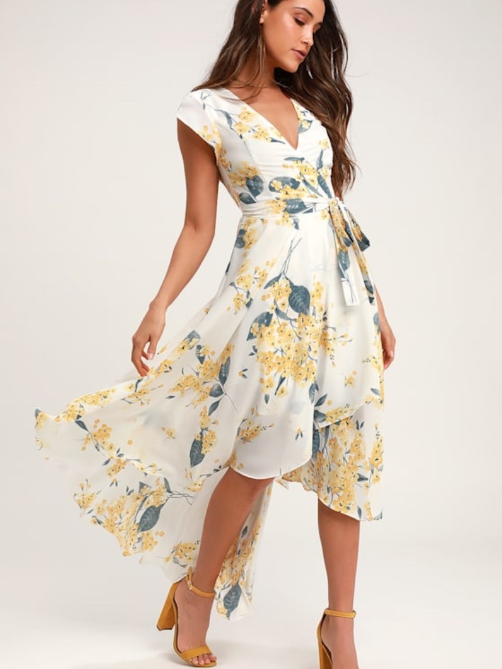 Lulus French Countryside White And Yellow Floral Print High-low Dress - Size M